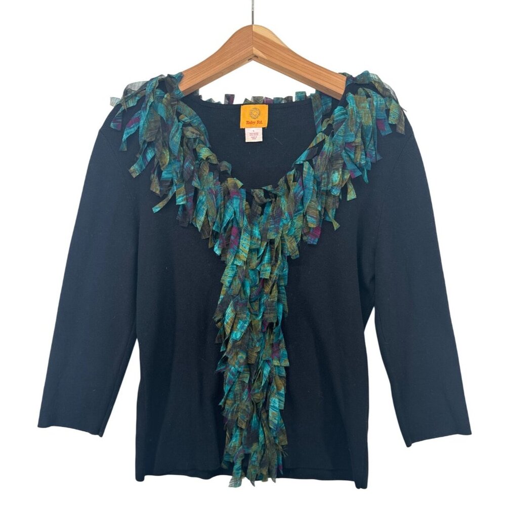 Ruby Rd. Womens Sweater L Teal Fringe V-Neck 3/4-Slv Boho Festival Party Artsy